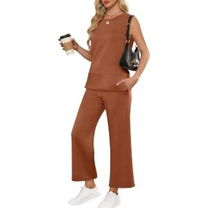 imageANRABESS Womens 2 Piece Sets Summer Travel Airplane Outfits Sleeveless Wide Leg Casual Lounge Matching Sweat Set SweatsuitsRust