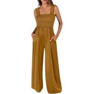 imageANRABESS Womens Casual Summer Jumpsuits Smocked Sleeveless Wide Leg Long Romper Jumpers 2025 Beach Vacation OutfitsBrownish Yellow