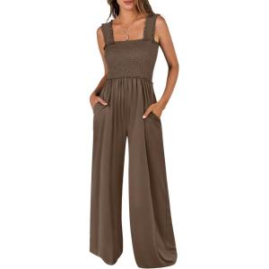 imageANRABESS Womens Casual Summer Jumpsuits Smocked Sleeveless Wide Leg Long Romper Jumpers 2025 Beach Vacation OutfitsCoffee