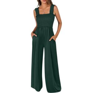 imageANRABESS Womens Casual Summer Jumpsuits Smocked Sleeveless Wide Leg Long Romper Jumpers 2025 Beach Vacation OutfitsDeep Green
