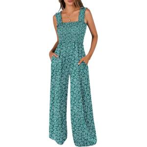 imageANRABESS Womens Casual Summer Jumpsuits Smocked Sleeveless Wide Leg Long Romper Jumpers 2025 Beach Vacation OutfitsDeep Green Floral