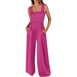 imageANRABESS Womens Casual Summer Jumpsuits Smocked Sleeveless Wide Leg Long Romper Jumpers 2025 Beach Vacation OutfitsHot Pink