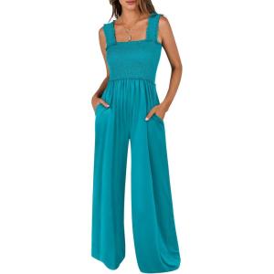 imageANRABESS Womens Casual Summer Jumpsuits Smocked Sleeveless Wide Leg Long Romper Jumpers 2025 Beach Vacation OutfitsLake Green