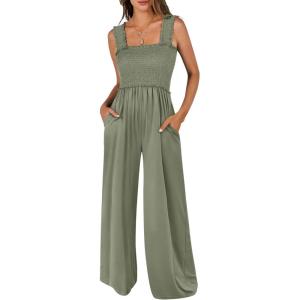 imageANRABESS Womens Casual Summer Jumpsuits Smocked Sleeveless Wide Leg Long Romper Jumpers 2025 Beach Vacation OutfitsOlive