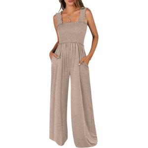 imageANRABESS Womens Casual Summer Jumpsuits Smocked Sleeveless Wide Leg Long Romper Jumpers 2025 Beach Vacation OutfitsTaupe