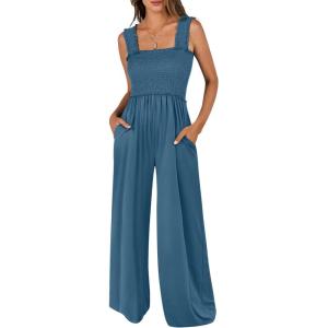 imageANRABESS Womens Casual Summer Jumpsuits Smocked Sleeveless Wide Leg Long Romper Jumpers 2025 Beach Vacation OutfitsTeal Blue