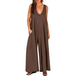 imageANRABESS Womens Casual Summer Loose Jumpsuits Sleeveless Tank V Neck Wide Leg Long Pant Rompers Baggy Jumper with PocketsCoffee