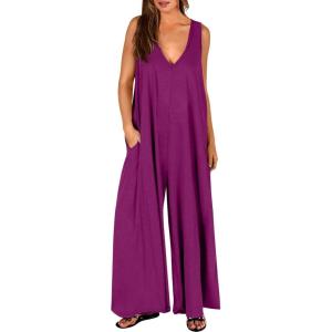 imageANRABESS Womens Casual Summer Loose Jumpsuits Sleeveless Tank V Neck Wide Leg Long Pant Rompers Baggy Jumper with PocketsDark Purple