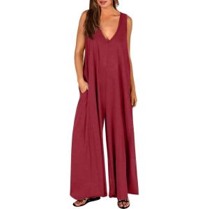 imageANRABESS Womens Casual Summer Loose Jumpsuits Sleeveless Tank V Neck Wide Leg Long Pant Rompers Baggy Jumper with PocketsWine Red