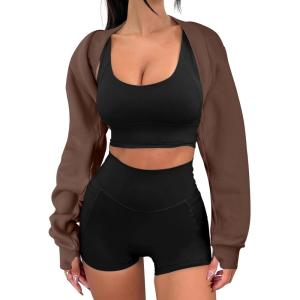 imageANRABESS Womens Cropped Sweatshirt Long Sleeve Bolero Cardigan Open Front Shrug Workout Thumb Hole Y2K Tops Preppy ClothesBrown