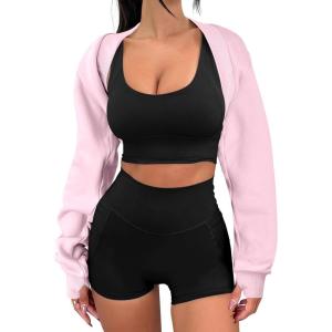imageANRABESS Womens Cropped Sweatshirt Long Sleeve Bolero Cardigan Open Front Shrug Workout Thumb Hole Y2K Tops Preppy ClothesLight Pink