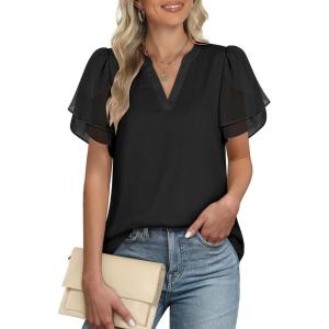 imageANRABESS Womens Dressy Casual Blouses Chiffon V Neck Petal Short Sleeve Shirts 2025 Summer Business Work TopsBlack