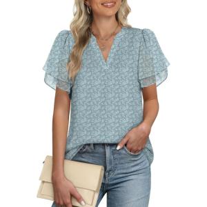 imageANRABESS Womens Dressy Casual Blouses Chiffon V Neck Petal Short Sleeve Shirts 2025 Summer Business Work TopsBlue Floral