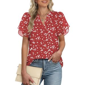 imageANRABESS Womens Dressy Casual Blouses Chiffon V Neck Petal Short Sleeve Shirts 2025 Summer Business Work TopsRed White Dot