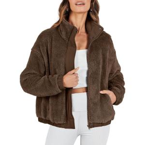 imageANRABESS Womens Fleece Jacket Casual Long Sleeve Cropped Sherpa Button Down Fuzzy Warm Coats Fall Outwear With PocketsCoffee