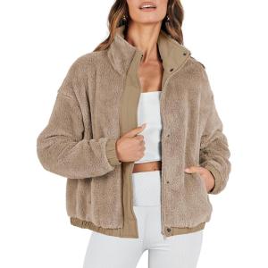 imageANRABESS Womens Fleece Jacket Casual Long Sleeve Cropped Sherpa Button Down Fuzzy Warm Coats Fall Outwear With PocketsKhkai