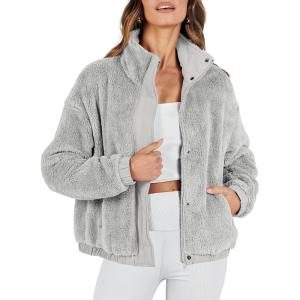 imageANRABESS Womens Fleece Jacket Casual Long Sleeve Cropped Sherpa Button Down Fuzzy Warm Coats Fall Outwear With PocketsLight Grey