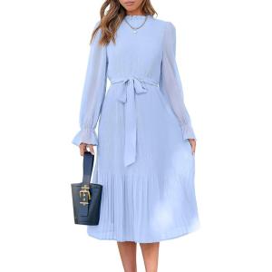 imageANRABESS Womens Floral Midi Dress Puff Long Sleeve Casual Ruffle Chiffon ALine Swing Pleated Belted Tea Party DressesBlue