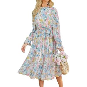 imageANRABESS Womens Floral Midi Dress Puff Long Sleeve Casual Ruffle Chiffon ALine Swing Pleated Belted Tea Party DressesFloral Blue Pink