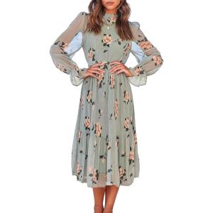 imageANRABESS Womens Floral Midi Dress Puff Long Sleeve Casual Ruffle Chiffon ALine Swing Pleated Belted Tea Party DressesFloral Green