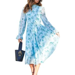 imageANRABESS Womens Floral Midi Dress Puff Long Sleeve Casual Ruffle Chiffon ALine Swing Pleated Belted Tea Party DressesFloral Leaf
