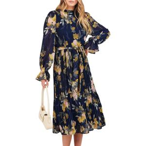 imageANRABESS Womens Floral Midi Dress Puff Long Sleeve Casual Ruffle Chiffon ALine Swing Pleated Belted Tea Party DressesFloral Navy