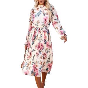 imageANRABESS Womens Floral Midi Dress Puff Long Sleeve Casual Ruffle Chiffon ALine Swing Pleated Belted Tea Party DressesFloral Pink