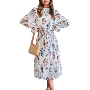 imageANRABESS Womens Floral Midi Dress Puff Long Sleeve Casual Ruffle Chiffon ALine Swing Pleated Belted Tea Party DressesFloral White