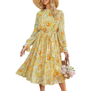 imageANRABESS Womens Floral Midi Dress Puff Long Sleeve Casual Ruffle Chiffon ALine Swing Pleated Belted Tea Party DressesFloral Yellow Orange