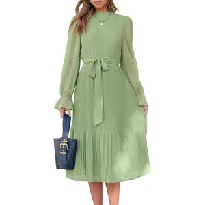 imageANRABESS Womens Floral Midi Dress Puff Long Sleeve Casual Ruffle Chiffon ALine Swing Pleated Belted Tea Party DressesGreen