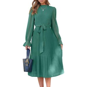 imageANRABESS Womens Floral Midi Dress Puff Long Sleeve Casual Ruffle Chiffon ALine Swing Pleated Belted Tea Party DressesLake