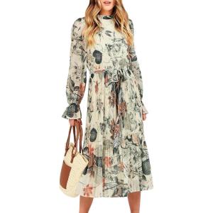 imageANRABESS Womens Floral Midi Dress Puff Long Sleeve Casual Ruffle Chiffon ALine Swing Pleated Belted Tea Party DressesLeaf Apricot