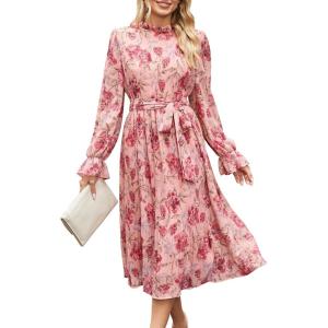 imageANRABESS Womens Floral Midi Dress Puff Long Sleeve Casual Ruffle Chiffon ALine Swing Pleated Belted Tea Party DressesPink Red Rose