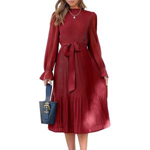 imageANRABESS Womens Floral Midi Dress Puff Long Sleeve Casual Ruffle Chiffon ALine Swing Pleated Belted Tea Party DressesRed