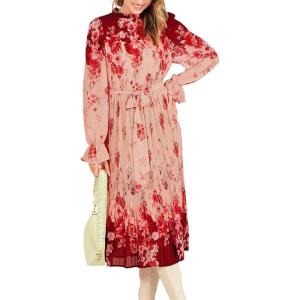 imageANRABESS Womens Floral Midi Dress Puff Long Sleeve Casual Ruffle Chiffon ALine Swing Pleated Belted Tea Party DressesRose Pink