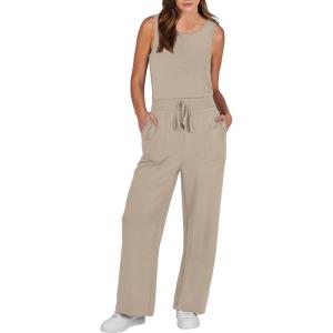 imageANRABESS Womens Jumpsuits 2025 Spring Fall Thick Casual Romper Sleeveless Wide Leg Pants One Piece Outfits Vacation ClothesApricot