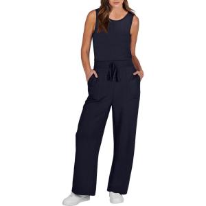 imageANRABESS Womens Jumpsuits 2025 Spring Fall Thick Casual Romper Sleeveless Wide Leg Pants One Piece Outfits Vacation ClothesDark Blue