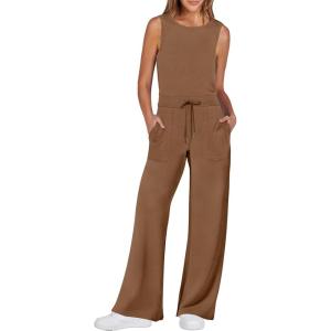imageANRABESS Womens Jumpsuits 2025 Spring Fall Thick Casual Romper Sleeveless Wide Leg Pants One Piece Outfits Vacation ClothesLight Brown