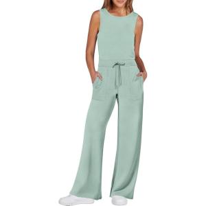 imageANRABESS Womens Jumpsuits 2025 Spring Fall Thick Casual Romper Sleeveless Wide Leg Pants One Piece Outfits Vacation ClothesPea Green