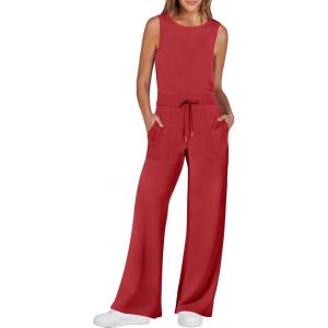 imageANRABESS Womens Jumpsuits 2025 Spring Fall Thick Casual Romper Sleeveless Wide Leg Pants One Piece Outfits Vacation ClothesRed