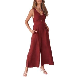 imageANRABESS Womens Jumpsuits Summer Wide Leg Sleeveless V Neck Casual Dressy Linen Pants Rompers 2025 Vacation Beach OutfitsDeep Red
