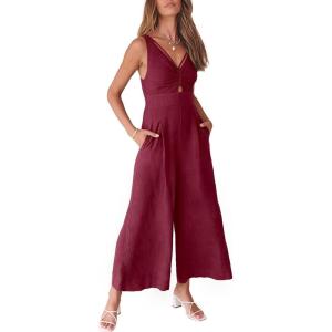 imageANRABESS Womens Jumpsuits Summer Wide Leg Sleeveless V Neck Casual Dressy Linen Pants Rompers 2025 Vacation Beach OutfitsFuchsia