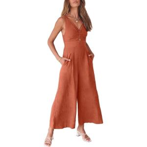 imageANRABESS Womens Jumpsuits Summer Wide Leg Sleeveless V Neck Casual Dressy Linen Pants Rompers 2025 Vacation Beach OutfitsRust