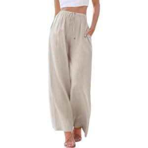 imageANRABESS Womens Linen Palazzo Pants Summer Flowy Wide Leg Drawstring Casual Trousers with Pockets Beach Vacation OutfitsApricot
