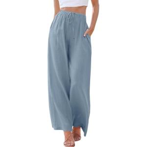 imageANRABESS Womens Linen Palazzo Pants Summer Flowy Wide Leg Drawstring Casual Trousers with Pockets Beach Vacation OutfitsBlue