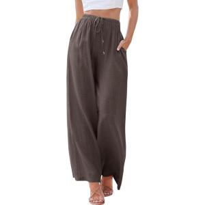 imageANRABESS Womens Linen Palazzo Pants Summer Flowy Wide Leg Drawstring Casual Trousers with Pockets Beach Vacation OutfitsCoffee