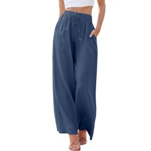 imageANRABESS Womens Linen Palazzo Pants Summer Flowy Wide Leg Drawstring Casual Trousers with Pockets Beach Vacation OutfitsDeep Blue