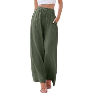 imageANRABESS Womens Linen Palazzo Pants Summer Flowy Wide Leg Drawstring Casual Trousers with Pockets Beach Vacation OutfitsGreen