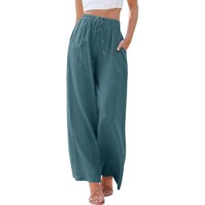 imageANRABESS Womens Linen Palazzo Pants Summer Flowy Wide Leg Drawstring Casual Trousers with Pockets Beach Vacation OutfitsLake