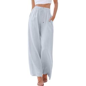 imageANRABESS Womens Linen Palazzo Pants Summer Flowy Wide Leg Drawstring Casual Trousers with Pockets Beach Vacation OutfitsLight Blue
